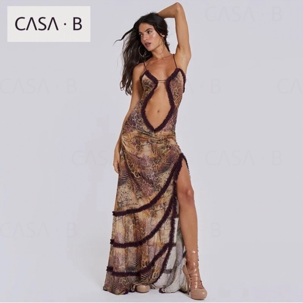 NEW to CASA B💫Seraphina Sheer Cut-Out Frill Leopard Script Print Maxi dress - Picture 6 of 16